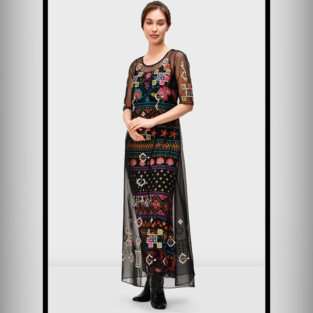 eshakti Black Sheer Maxi Dress with Multicolor Embroidery
